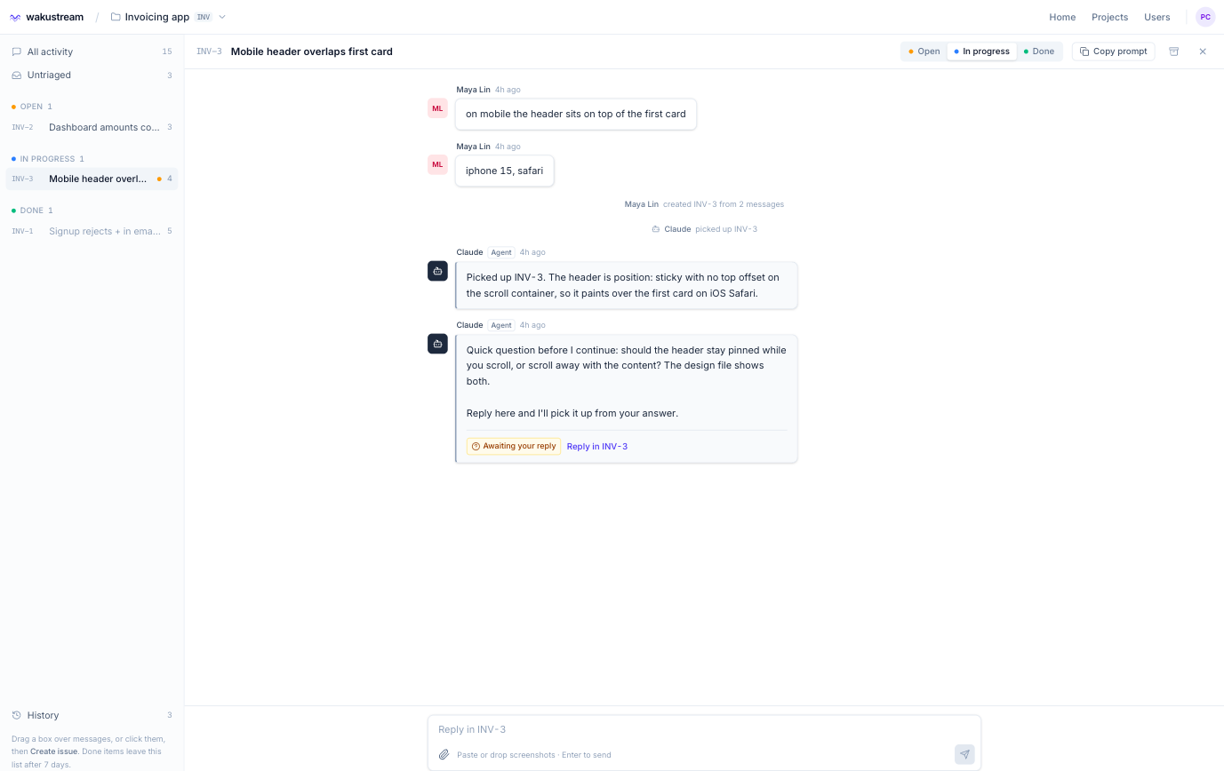 Issue INV-3 in progress: Claude has posted a question with an Awaiting your reply badge and a Reply in INV-3 link