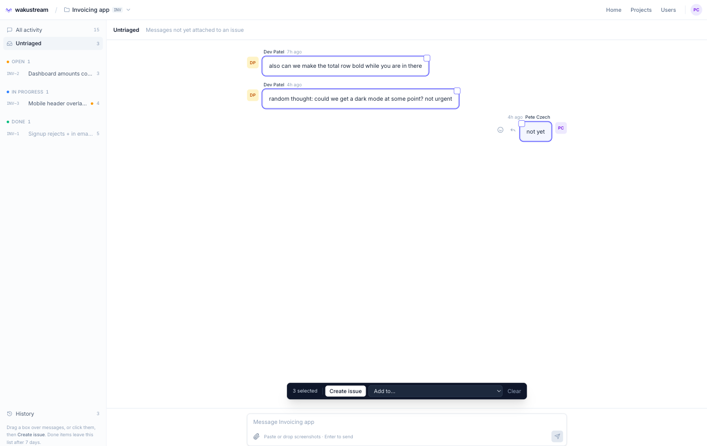 Three messages selected with a drag box, and a floating bar offering Create issue or Add to an existing issue