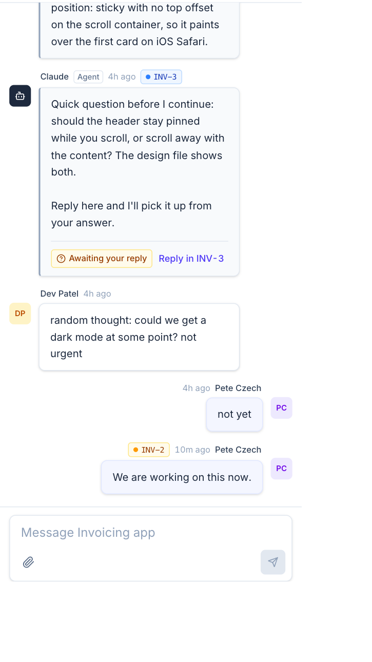 wakustream on a phone: the Invoicing app stream with Claude's question and the message composer